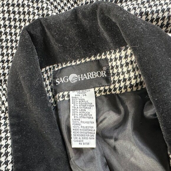 Wool Blend Houndstooth Blazer Black Velvet Collar Oversized Boxy Fit Sz 12 - Picture 7 of 12